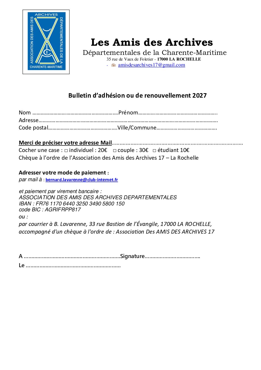 BULLETIN D&rsquo;ADHESION 2027